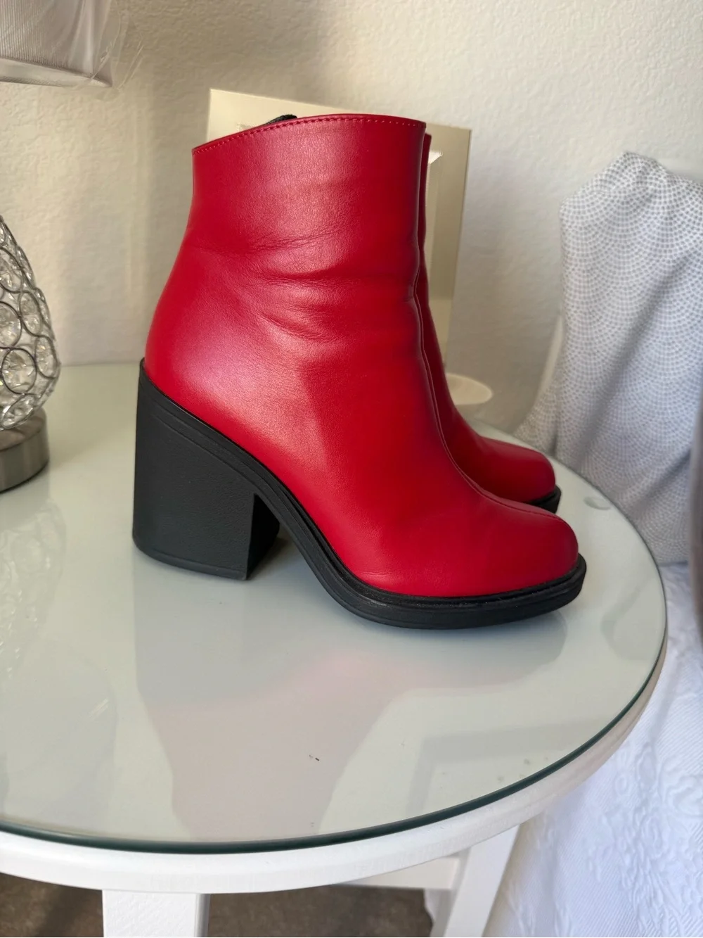 Red Leather Block Heel Ankle Boots - Women size 8